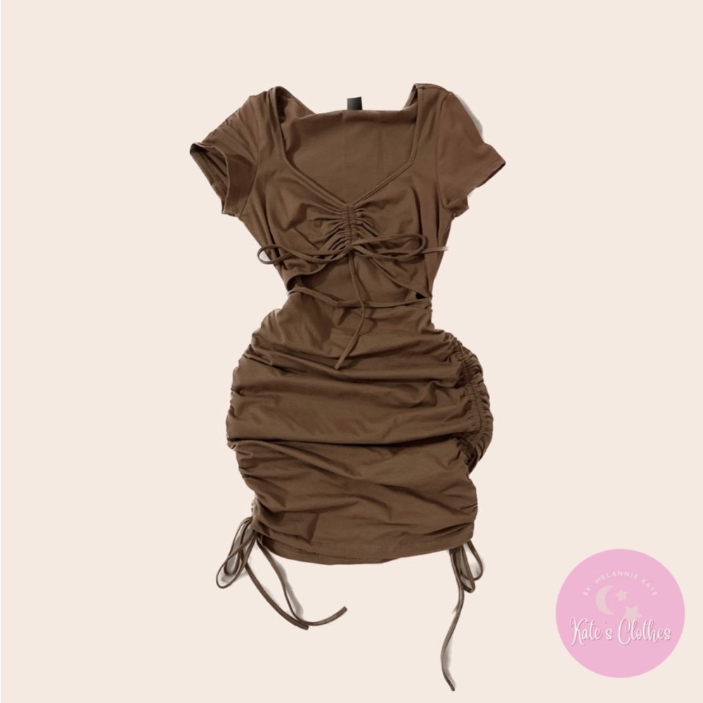 COMPLETELY NEW Short Brown Dress V-cut Tied Front